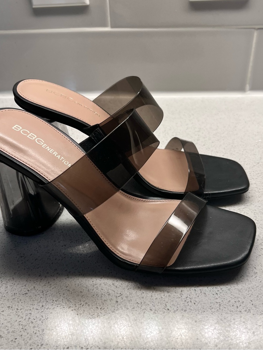 BCBGeneration Black Sandal Mules with Smoky Clear Straps